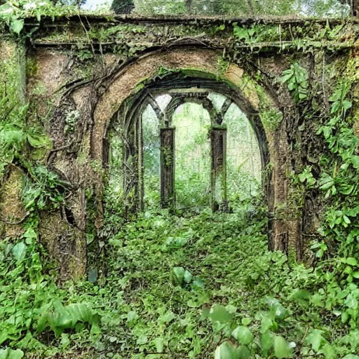 Prompt: Abandoned overgrown multiverse gateways