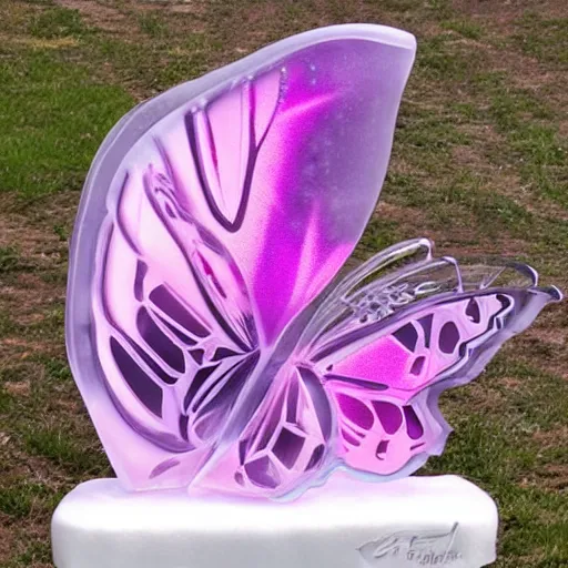 Prompt: butterfly ice sculpture, pink, purple