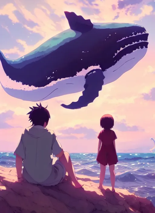 Image similar to boy and girl watching big whales on sky, illustration concept art anime key visual trending pixiv fanbox by wlop and greg rutkowski and makoto shinkai and studio ghibli