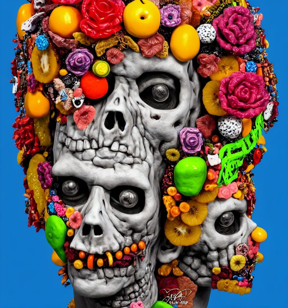 Prompt: portrait headshot of a zombie punk, head made of fruit gems and flowers in the style of arcimboldo, john currin, photorealistic, dynamic lighting, action figure, clay sculpture, claymation, dull blue cloudy background,