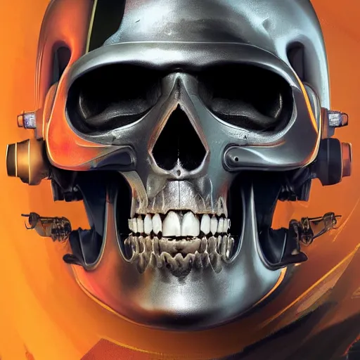 Image similar to a portrait of an cyborg vintage skull, vampire teeth, in an orange racing helmet by sandra chevrier, detailed render, epic composition, cybernetics, 4 k realistic, cryengine, realistic shaded lighting, sharp focus, masterpiece, by matteo scalera, gary montalbano, peter elson in the style of the tokyo ghost comic