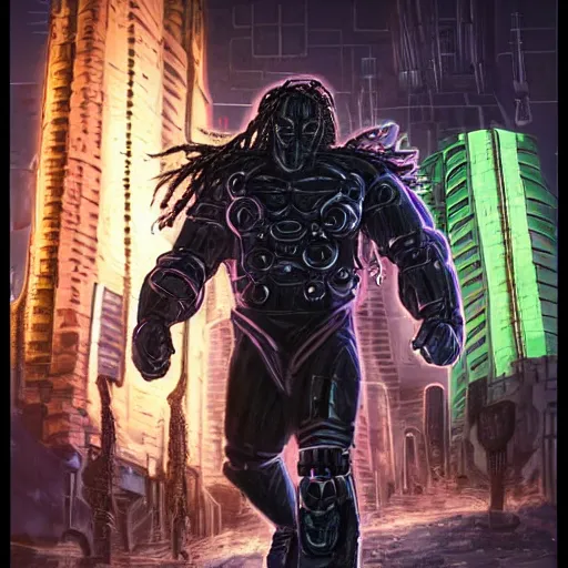 Prompt: fan art style, very hulking man, with dreadlocks, black cybernetic armor, large massue, walking past in front of ruined buildings if coruscant neon city in night