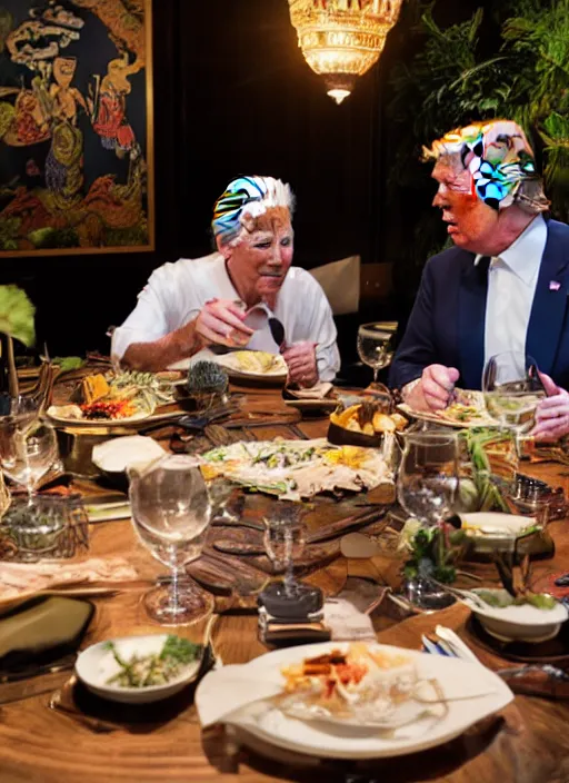 Image similar to Trump and Biden having dinner at a fancy Balinese restaurant, award winning photography, sigma 85mm Lens F/1.4, perfect faces