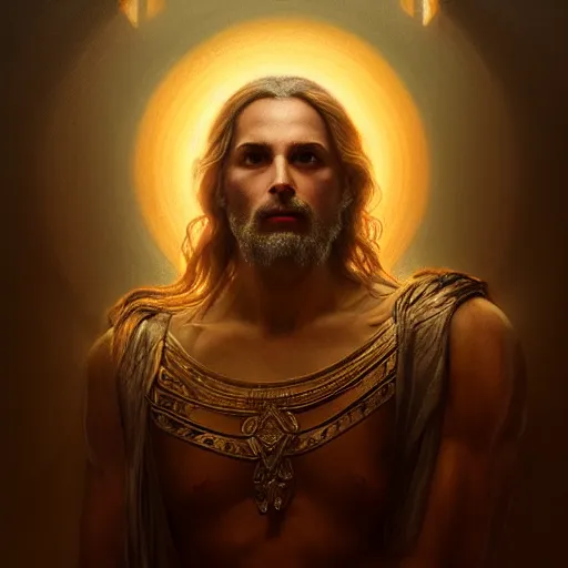 Image similar to majestic gracious regal deity zeus portrait, ancient greece, atmospheric lighting, painted, intricate, volumetric lighting, beautiful, rich deep colours masterpiece, golden hour, sharp focus, ultra detailed, by leesha hannigan, ross tran, thierry doizon, kai carpenter, ignacio fernandez rios