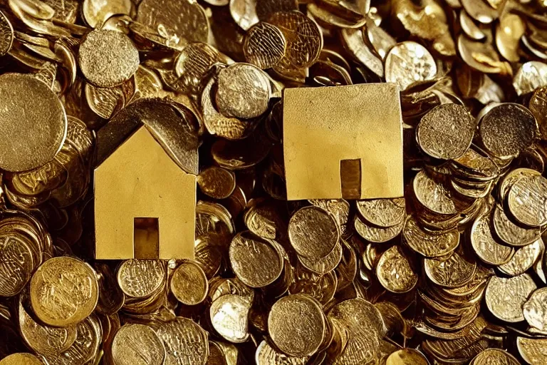 Image similar to a house, made of gold, under construction, tiny men working, with piles of coins around it