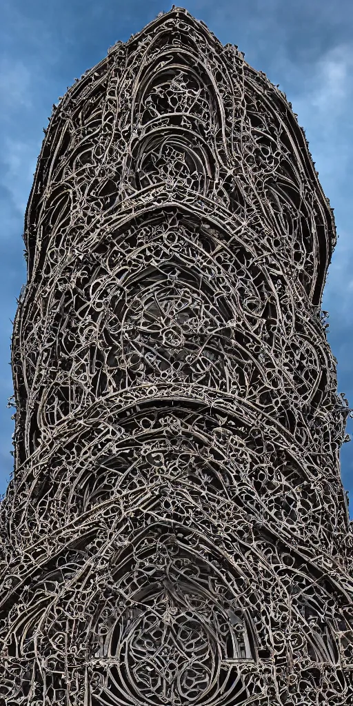 Image similar to a professional photograph of a beautiful modern building by Louis Sullivan and H.R. Giger covered in black ironwork vines, rusticated stone base, stone stone, a dramatic sky, Sigma 75mm, ornate, very detailed, hyperrealistic, liminalspaces, Symmetrical composition, centered, intricate, panoramic, Dynamic Range, HDR, chromatic aberration, Orton effect, 8k render, photo by Marc Adamus, cinematic, cgsociety, vignette, vignette , artstation,