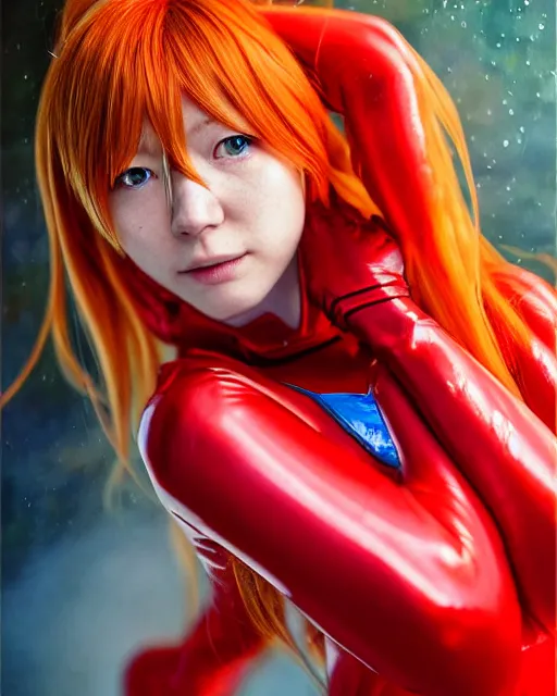 Image similar to asuka langley soryu wearing plugsuit, award winning photograph, radiant flares, realism, lens flare, intricate, various refining methods, micro macro autofocus, evil realm magic painting vibes, hyperrealistic painting by michael komarck - hollywood cosplay