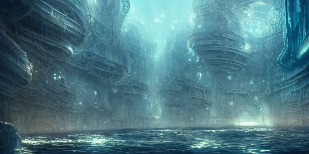 Image similar to underwater city, style epic, symmetrical, insanely detailed, style of charlie bowater, role thomas style ocatne render, artstation trend, hyper detail, epic art style, cinematic, concept art