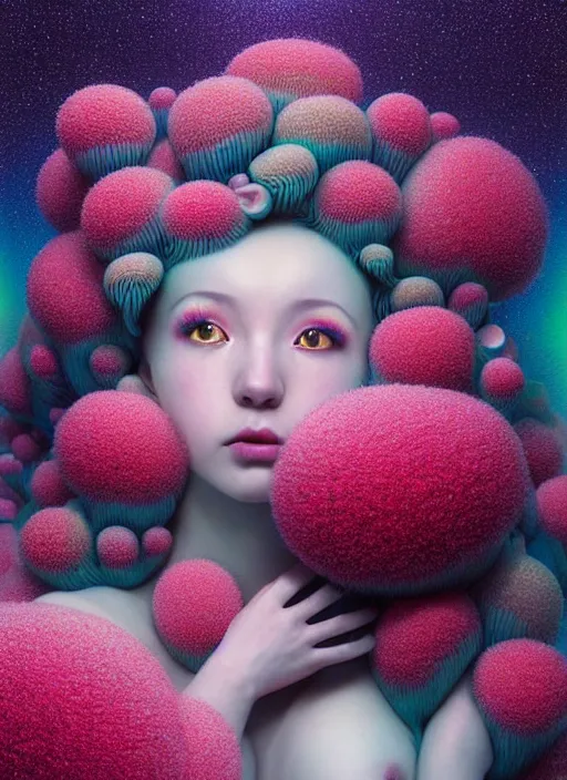 Image similar to hyper detailed 3d render like a Oil painting - kawaii portrait Aurora (black haired Singer Ferret) seen Eating of the Strangling network of yellowcake aerochrome and milky Fruit and Her delicate Hands hold of gossamer polyp blossoms bring iridescent fungal flowers whose spores black the foolish stars by Jacek Yerka, Mariusz Lewandowski, Houdini algorithmic generative render, Abstract brush strokes, Masterpiece, Edward Hopper and James Gilleard, Zdzislaw Beksinski, Mark Ryden, Wolfgang Lettl, hints of Yayoi Kasuma, octane render, 8k