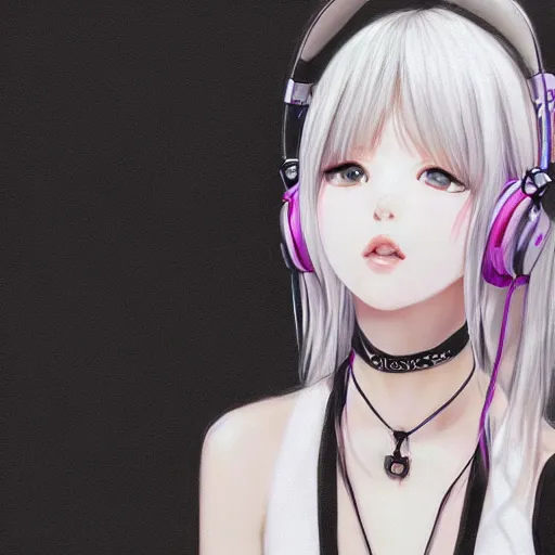 Image similar to realistic detailed semirealism beautiful gorgeous natural cute excited happy Blackpink Lalisa Manoban white hair white cat ears blue eyes, wearing black camisole outfit, headphones, black leather choker artwork drawn full HD 4K high resolution quality artstyle professional artists WLOP, Aztodio, Taejune Kim, Guweiz, Pixiv, Instagram, Artstation