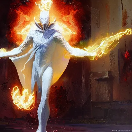 Image similar to Artwork by Craig Mullins, human size mantis mage in white cape casting fireball using a long magic stuff.