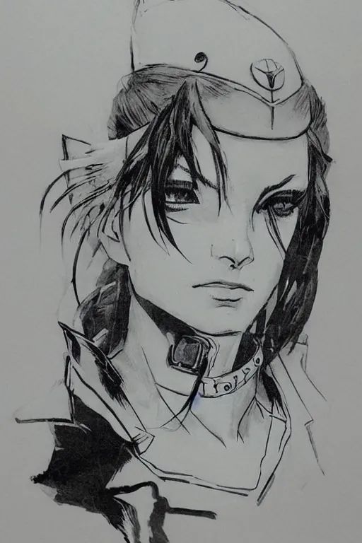 Prompt: beautiful portrait of a female officer wearing a fancy naval uniform, eyepatch, concept art by yoji shinkawa, felt tip pen, intricate detail, sharp focus, illustration