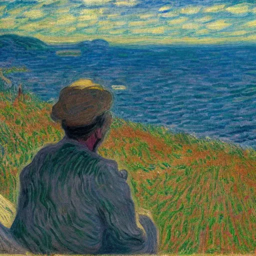 Prompt: painting of the last human on Earth standing watching the end of the world, in the style of Claude Monet and Vincent Van Gogh and Edward Hopper