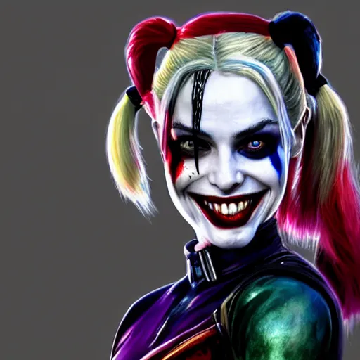 Prompt: Harley Quinn from the suicide squad, slim, smiling, portrait, fantasy, medieval, beautiful face, vivid colrs, elegant, concept art, sharp focus, digital art, Hyper-realistic, 4K, Unreal Engine, Highly Detailed, HD, Dramatic Lighting by Brom, trending on Artstation
