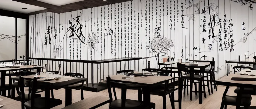 Image similar to a beautiful simple interior 4 k hd wallpaper illustration of small roasted string hotpot restaurant restaurant yan'an, wall corner, from china, wallpaper with tower mountains, rectangle white porcelain table, black chair, fine simple delicate structure, chinese style, simple style structure decoration design, victo ngai, 4 k hd