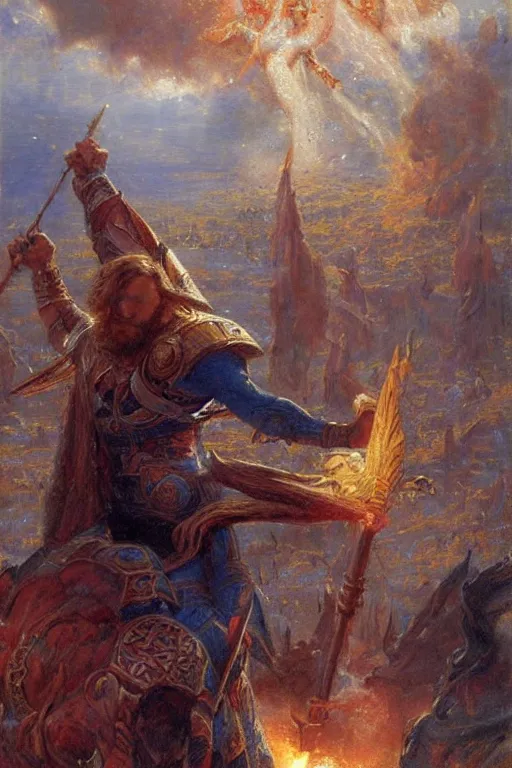 Image similar to portrait of rand al'thor channeling the one power during the last battle. art by gaston bussiere.