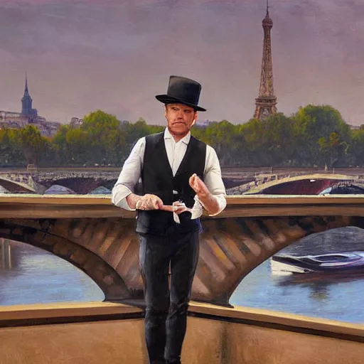 Image similar to ewan mcgregor is standing by the river seine on a bridge in the morning. he is wearing a gentleman ´ s outfit with a bowler hat. next to him at his feet is lying a brown cat. ewan mcgregor is painting a canvas that is put on an easel. morning light. early 2 0 th century paris. vivid colours, digital art, by miyazaki