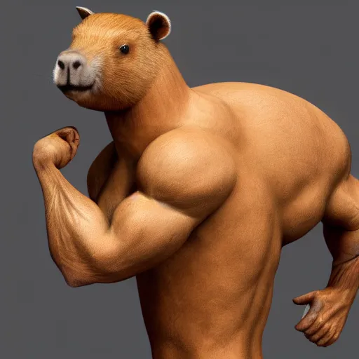 Image similar to a muscular humanoid capybara man posing and flexing his muscles, trending on artstation, centered