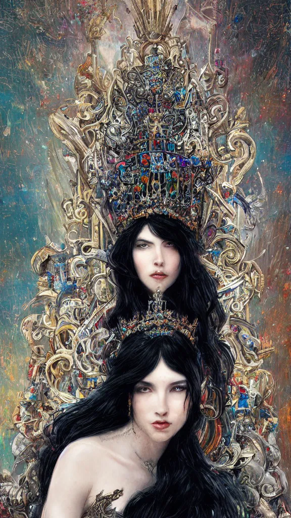 Prompt: painting of a beautiful black haired woman with pale skin and a crown on her head sitted on an intricate metal throne, illustration, artistic, colorful, hyper detailed, in the style of greg rutkowski,