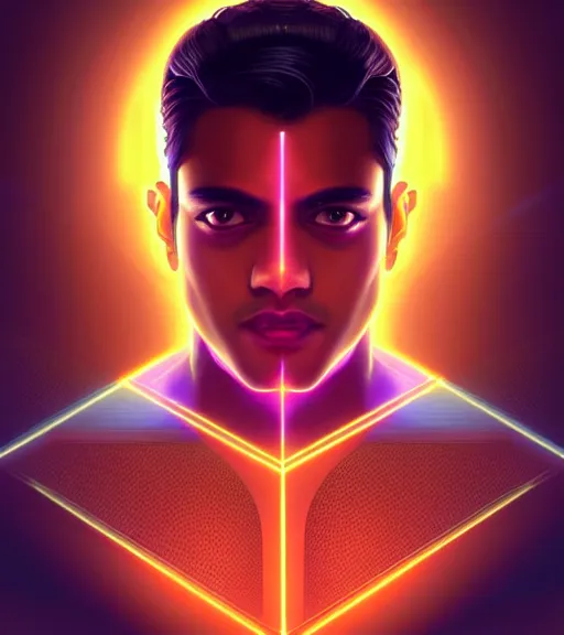 Image similar to symmetry!! indian prince of technology, solid cube of. light, hard edges, product render retro - futuristic poster scifi, lasers and neon circuits, brown skin handsome indian prince, intricate, elegant, highly detailed, digital painting, artstation, concept art, smooth, sharpfocus, illustration, dreamlike, art by artgerm
