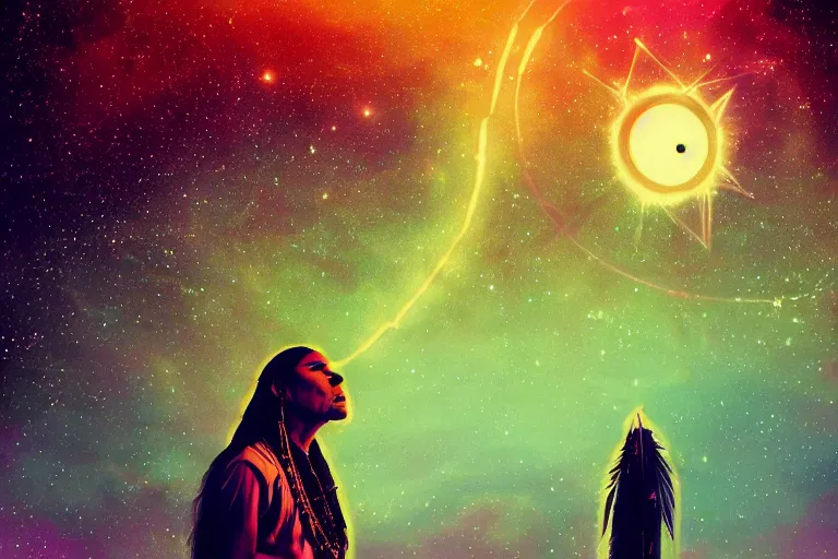 Image similar to photograph of a spiritual native american man looking up at the stars, art, universe, blender, pastel colors, synthwave, retro, cyberpunk,