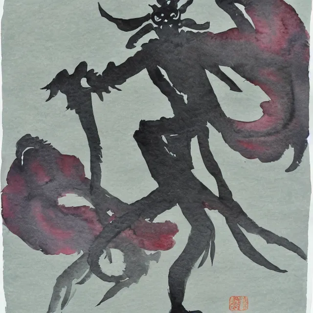 Prompt: watercolor painting of a chinese folklore blood shadow demon