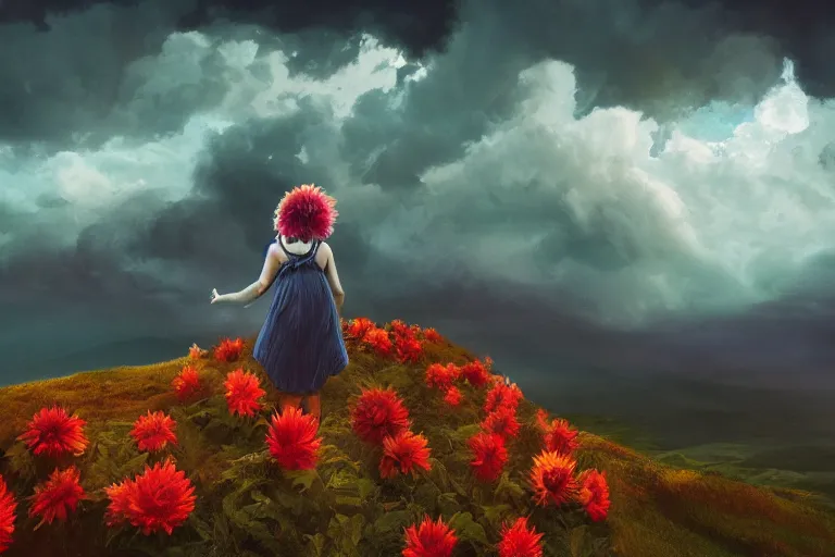 Image similar to face covered giant dahlia flower, girl on mountain, surreal photography, blue storm clouds, dramatic light, impressionist painting, digital painting, artstation, simon stalenhag