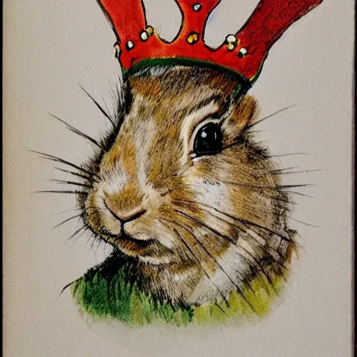 Image similar to a rabbit wearing a crown, in the style of carl larsson