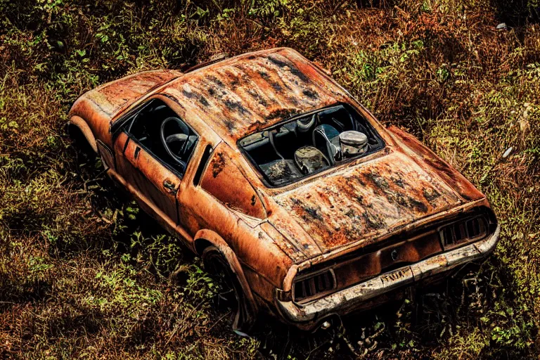 Image similar to A rusty old mustang in an abandoned big factory, sun lighting from above, taken with a Leica camera, overgrown foliage, ambient lighting, bokeh, sunset time, highly detailed art