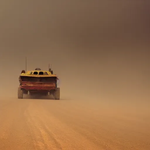 Image similar to wild dust storm, fury road, red and gold