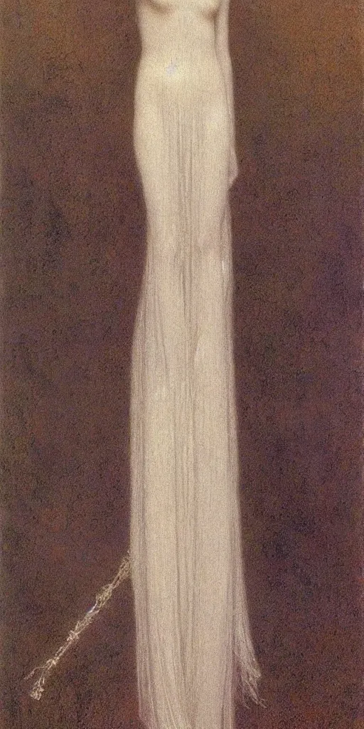 Image similar to Say who is this with silver hair so pale and Wan and thin? Beautiful lone single feminine angel in the style of Jean Delville, Lucien Lévy-Dhurmer, Fernand Keller, Fernand Khnopff, oil on canvas, 1896, 4K resolution, aesthetic, mystery