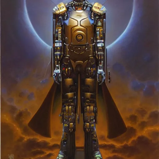 Image similar to the edge of the universe (on film), cybernetic cyborg warrior wearing a cloak , by Vladimir Kush and Donato Giancola