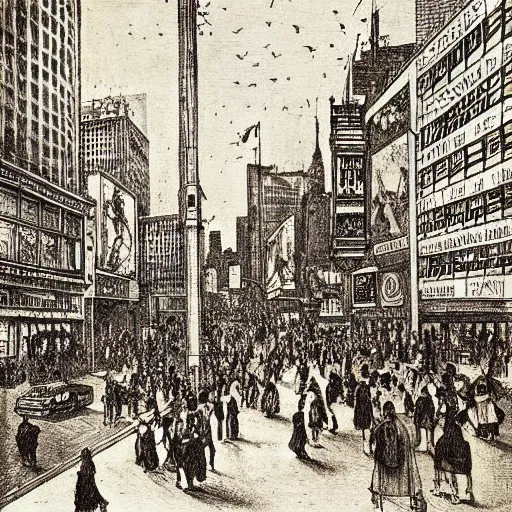 Image similar to intaglio by Albrecht Dürer of street scene in Times Square NYC, highly detailed, B&W