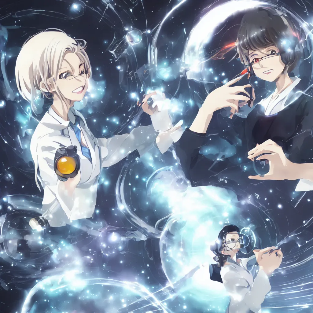 Image similar to an anime art of a female scientist in a laboratory holding a black hole, concept art, stylised, elegant, illustration, 4k wallpaper, high detailed