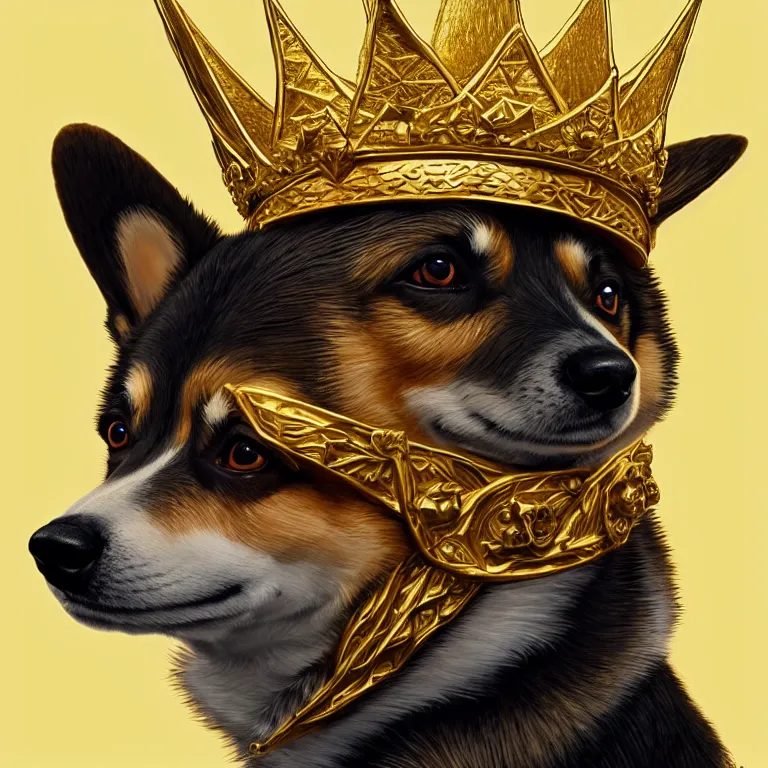 Image similar to highly detailed illustration of a portrait of a derpy corgi wearing a glinting golden crown, artstation, cinematic lighting, hyperdetailed, cgsociety, 8k, high resolution, art by artgerm, insanely detailed and intricate