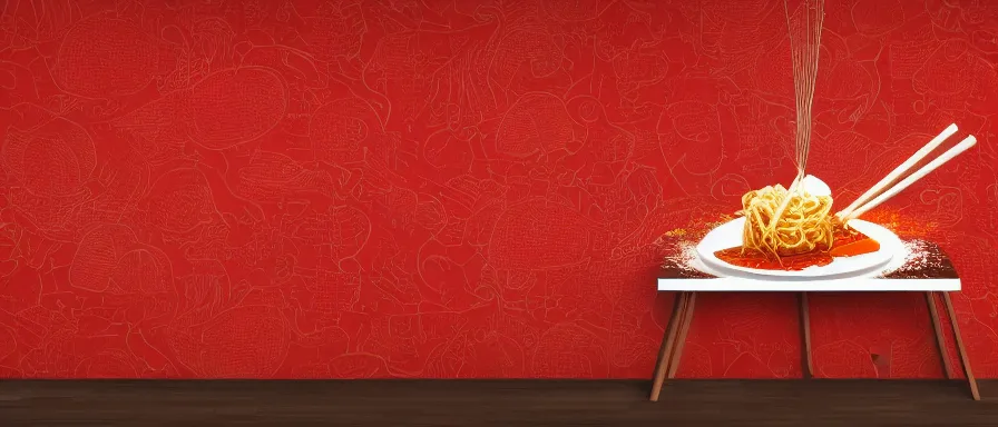 Image similar to a beautiful simple 4 k hd red wall paper illustration of roasted string hotpot, red wallpaper design, simple style, gourmet style, commercial kebab hotpot wallpaper display, wall painting, from china, with merchant logo, simple structure, surrealistic, chinese style, victo ngai, james jean, denoise, deblurring