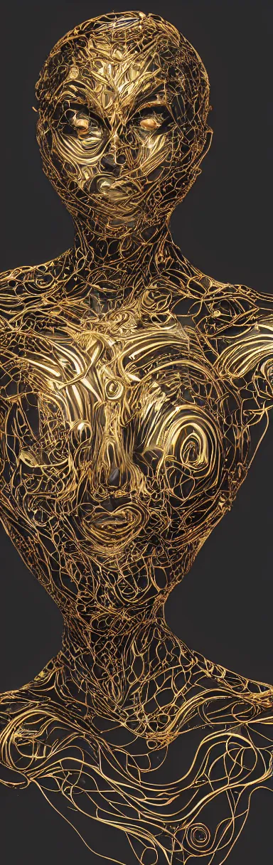 Image similar to epic illustration, low poly gold, neobrutalistic, digital abstract sculpt of beautiful female face body and black swirling latex acrylic portrait, black latex sculpt, minimalism, mechanical superstructure, sacred geometry, 8 k, cinematic, magic hour, beautiful light, sculpture of carving marble, dark colors, filigree ornaments, one point light, clockwork, epic matte painting