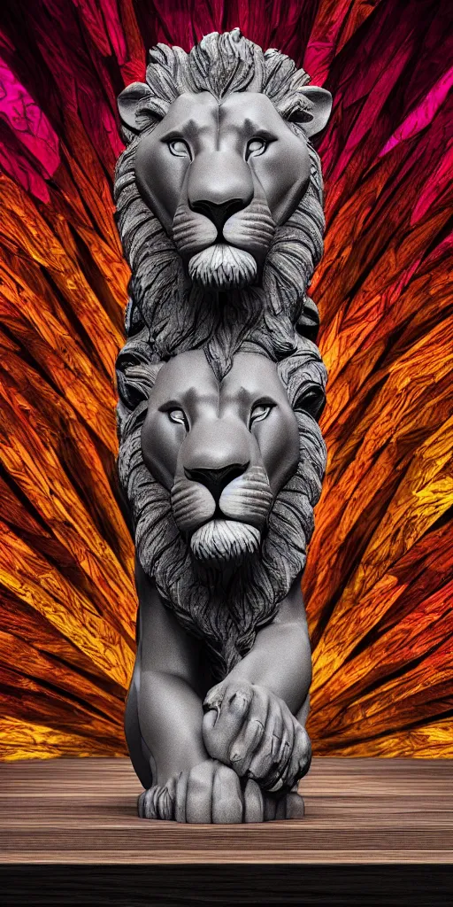 Prompt: a lion statue sitting on top of a wooden table, a 3 d render by jeremy henderson, behance contest winner, psychedelic art, behance hd, rendered in cinema 4 d, psychedelic