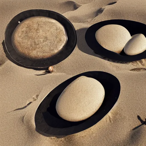 Prompt: oval-shaped woks on a beach, photorealistic, 8k