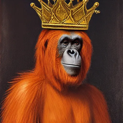 Image similar to a royal medieval portrait painting of an orangutan wearing a crown and smoking a cigarette, 4 k, hyper realistic, dslr, landscape, high resolution, painting,