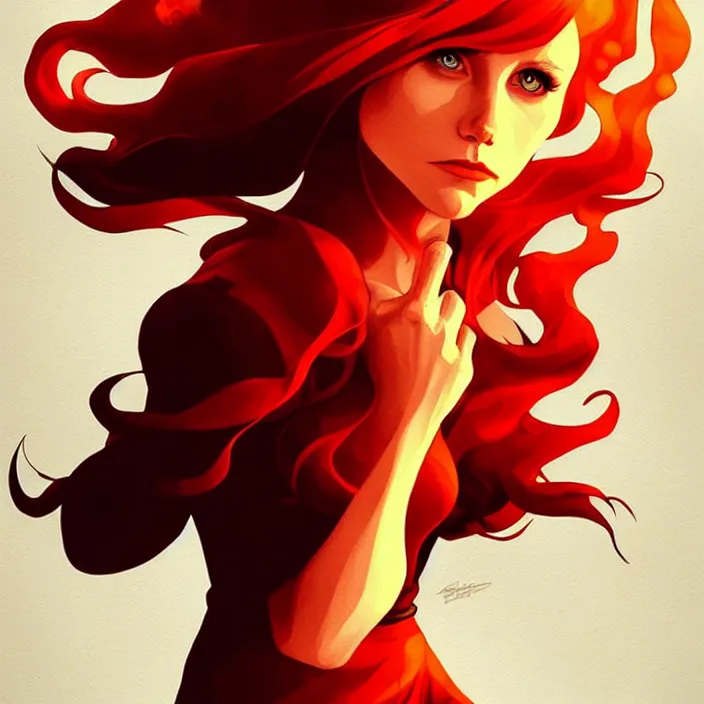 Image similar to style artgerm, joshua middleton, beautiful kristen bell with dark red dress, very long orange hair, symmetrical face, symmetrical eyes, fire powers fire swirling, detailed, volcano setting, [ potato ] cinematic lighting