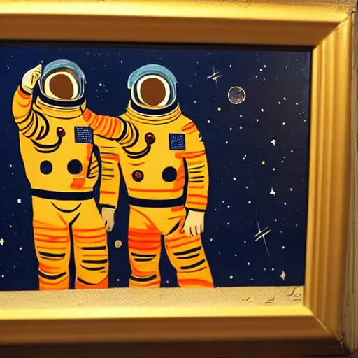 Prompt: two astronauts chatting in the corner booth of a greasy diner on the moon, midcentury American painting, stunning light, incredible detail