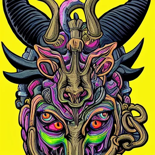 Prompt: a demon with a goat's head, is looking at the camera, while carrying a human head, whose eyes are still wide. symmetrical anatomy, very detailed design, complexity of the image, with pop punk style, colorful, accompanied by full body images., without duplication