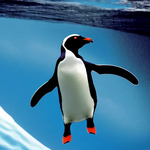 Prompt: a penguin swimming on the earth's atmosphere