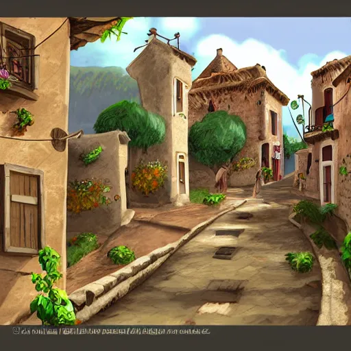 Prompt: A Spanish village. 2D videogame concept art.