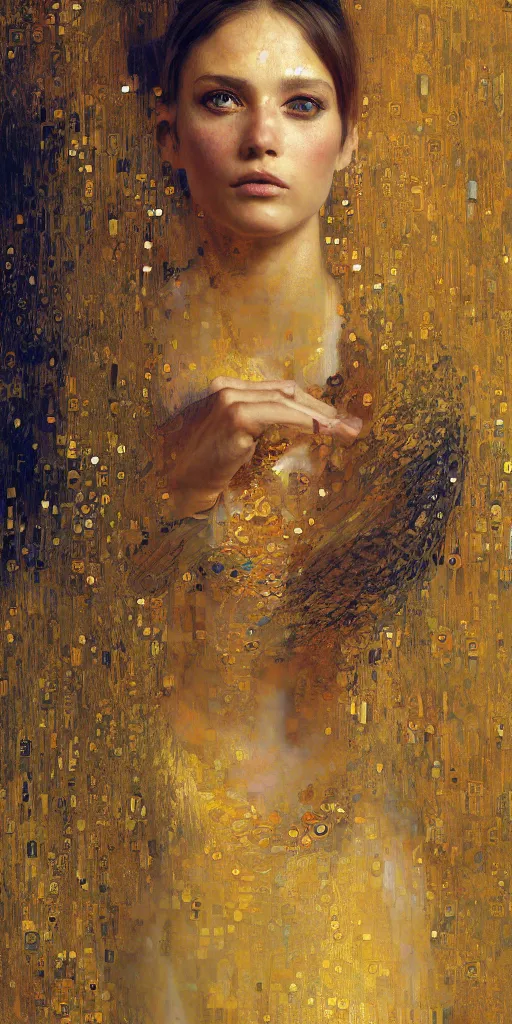 Image similar to an intricate portrait painting of an artistic pose young beautiful lady covered in klimt golden motives and textures, hyper - detailed, octane render, vivid colors, artstation, by jeremy mann, by gustav klimt