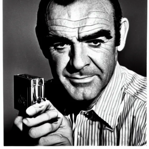 Prompt: Sean Connery using a lighter, 1960s, stylish, Life Magazine, studio lighting, medium shot, bad boy