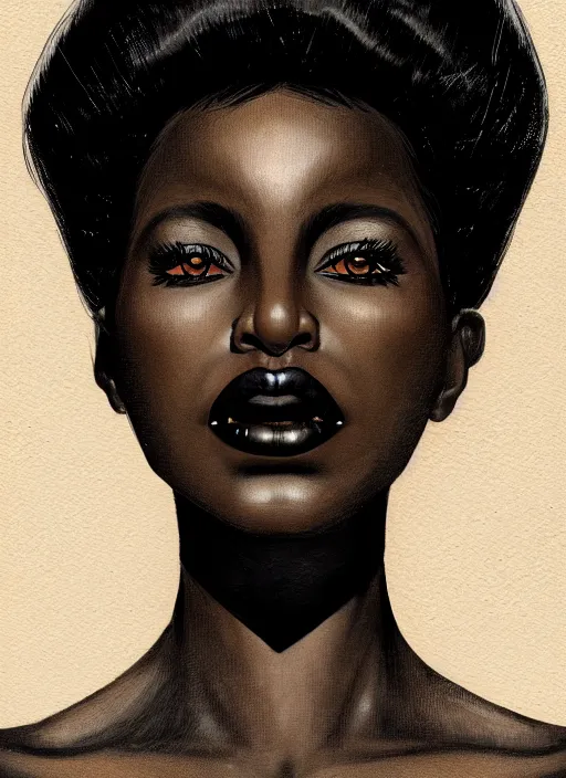 Prompt: portrait of a dark skinned woman with a crooked nose and a confident expression, 1 9 6 0 s, black clothes, goth, punk, funk, intricate, elegant, highly detailed, digital painting, artstation, concept art, smooth, sharp focus, illustration, art by wlop, mars ravelo and greg rutkowski