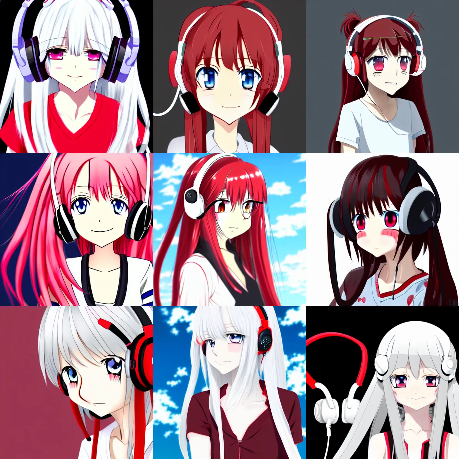 Prompt: white long haired red eyed young cute girl wearing headset by mika pikazo in anime style