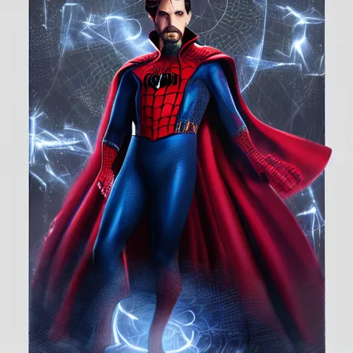 Image similar to spiderman as doctor strange, using his mystic arts, dynamic lighting, photorealistic fantasy concept art, trending on art station, stunning visuals, creative, cinematic, ultra detailed